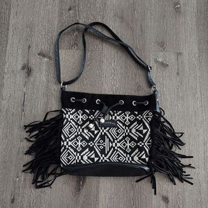 Union Bay Fringe Crossbody Bag Black & White Aztec Boho Fabric & Faux Leather